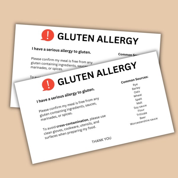 Printable Gluten Free Food Allergy Card - Celiac Disease Medical Alert Cards - Food Allergy Cards For Travel - Travel Gift