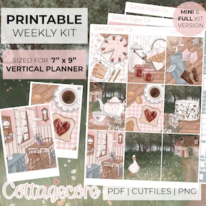 Cottagecore Printable Planner Stickers - Weekly Planner Kit, Erin Condren Stickers, Vertical Sticker Kit - Silhouette Cut Files, Cricut PNG