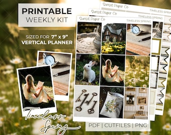 Timeless Spring Printable Photo Planner Stickers - Vertical Weekly Sticker Planner Kit, Erin Condren Silhouette Cut Files Cricut PNG, Spring