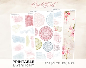 Rose Retreat Layering Kit Add-On - Printable Stickers Decorative Sticker Planner Journaling Kit Silhouette Cut Files Cricut, Valentine Love