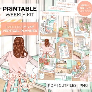 Squeaky Clean Printable Planner Stickers - Weekly Planner Kit, Erin Condren Stickers, Vertical Sticker Kit - Silhouette Cut Files Cricut PNG