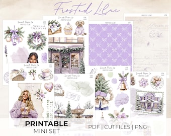 Frosted Lilac Printable Stickers - Mini Decorative Kit, Planner Journaling Sticker Set, Silhouette Cut Files Cricut PNG, Christmas Festive
