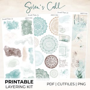 May include: Printable layering kit featuring watercolor washes, mandala designs, and vintage ephemera. The kit includes PDF, cut files, and PNG formats. The design elements are in shades of teal, brown, and beige, with the text "Siren's Call" at the top.