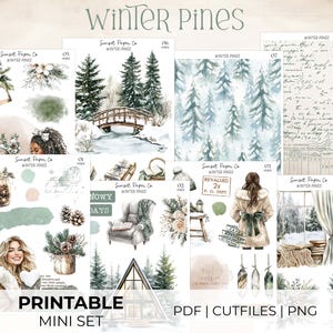 May include: A set of watercolour illustrations with a winter theme. The images include pine trees, a bridge, a cosy armchair, and a woman in a fur coat. The text "Winter Pines" and "Printable Mini Set" are also visible.