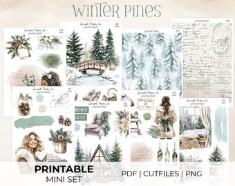 Winter Pines Printable Stickers - Mini Sticker Set, Deco Decorative Kit, Planner Journaling Silhouette Cut Files Cricut PNG, Winter Snow
