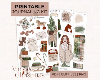 May include: A printable journaling kit with a vintage Christmas theme. The image features illustrations of Christmas ornaments, a toy horse, gifts, a Christmas tree, a Santa hat, and a woman. Text includes "Printable Journaling Kit" and "Vintage Christmas".