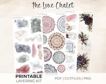May include: Printable layering kit featuring watercolor elements, mandala designs, and botanical illustrations. The kit includes various designs with the text "The Luxe Chalet", "Sunset Paper Co", and "Printable Layering Kit". Available in PDF, cut files, and PNG formats.