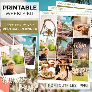 Summer Days Printable Photo Planner Stickers - Vertical Weekly Sticker Planner Kit, Erin Condren Silhouette Cut Files Cricut PNG, Vacation