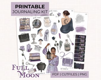 May include: A printable journaling kit with a full moon theme. The kit includes illustrations of a woman, crystals, a cauldron, a lantern, and other mystical elements. The text on the image reads "PRINTABLE JOURNALING KIT" and "FULL MOON".