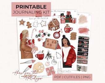 May include: Printable journaling kit with holiday-themed illustrations. Includes gingerbread cookies, gifts, a gingerbread house, and a woman in a red jacket. Text reads "Printable Journaling Kit" and "Home for the Holidays."