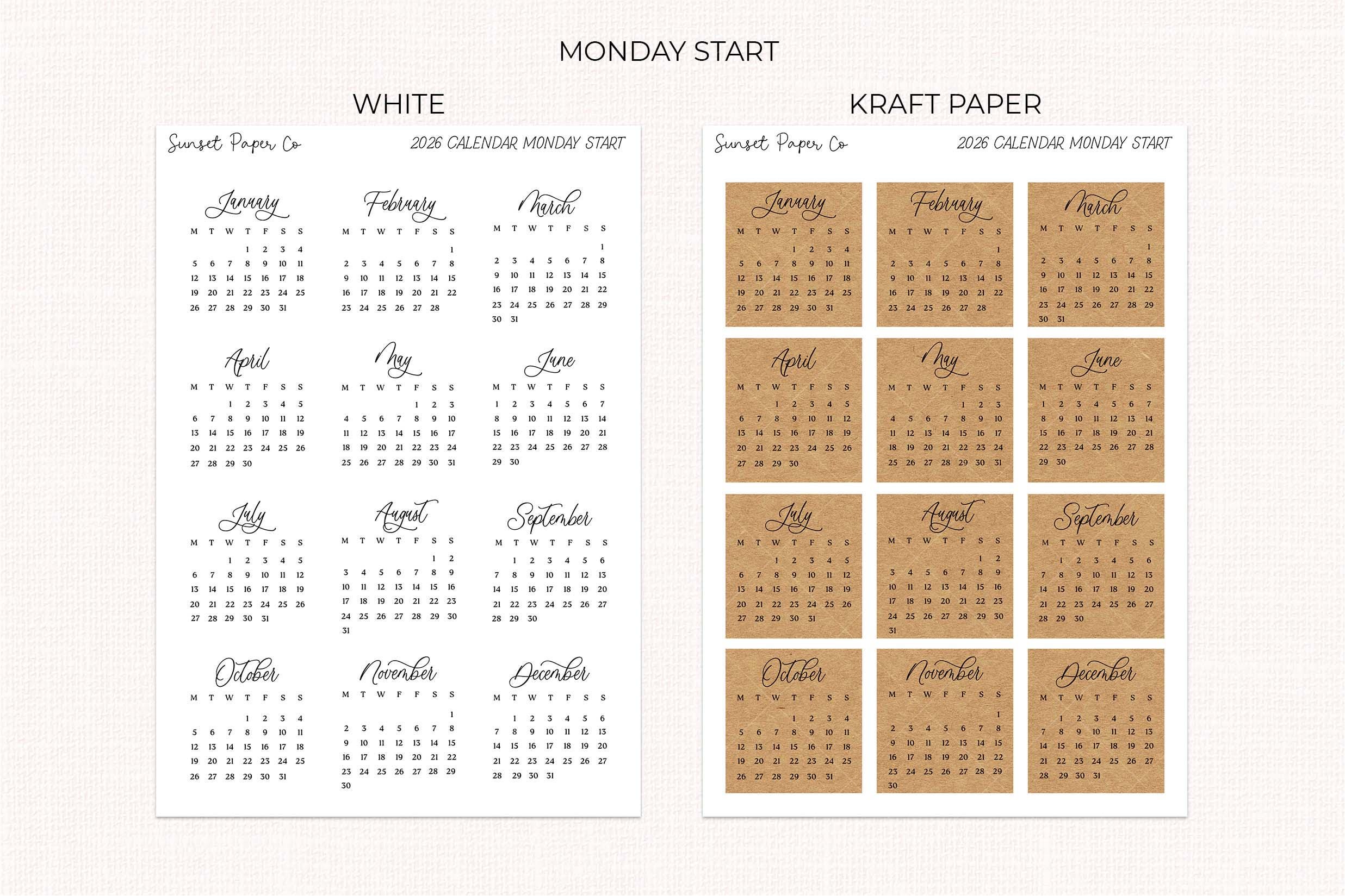 2026 Mini Calendars Script Printable Stickers - Functional Digital ...