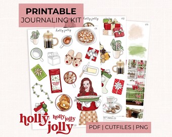 May include: Printable journaling kit with holiday-themed illustrations. Includes images of gifts, coffee, cookies, and a woman holding a tray. The text on the image says "holly jolly" and "holiday blend". PDF, cut files, and PNG formats are available.