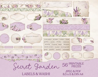 Secret Garden -  Junk Journal Labels & Washi | Printable Journal Paper Digital Download JPG PDF - Scrapbook Vintage Lilac Floral Spring