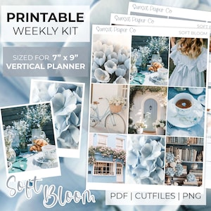 Soft Bloom Printable Photo Planner Stickers - Vertical Weekly Sticker Planner Kit, Erin Condren Silhouette Cut Files Cricut PNG, Spring Blue