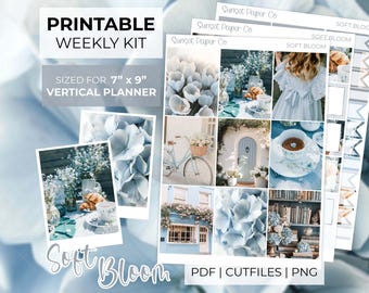Soft Bloom Printable Photo Planner Stickers - Vertical Weekly Sticker Planner Kit, Erin Condren Silhouette Cut Files Cricut PNG, Spring Blue