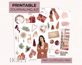 May include: Printable journaling kit with holiday-themed illustrations. The kit includes gift boxes, ornaments, a woman, and the text "Holly". The kit is available in PDF, cut files, and PNG formats.