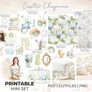 May include: A set of watercolour illustrations with an Easter theme. The images include a woman in a hat, floral patterns, a chick, and decorative elements. The text "Easter Elegance" and "Printable Mini Set" are visible.