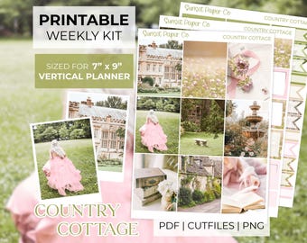 Country Cottage Druckbare Foto-Sticker - Vertikaler Wochenplaner Kit, Erin Condren Silhouette Schnittdateien Cricut PNG, Frühling