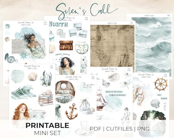 Siren's Call Printable Stickers - Mini Sticker Set, Planner Journaling Kit, Scrapbooking, Silhouette Cut Files Cricut PNG, Summer Mermaid