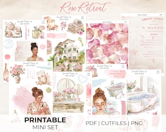 Rose Retreat Printable Stickers - Mini Sticker Set, Deco Decorative Kit Planner Journaling Silhouette Cut Files Cricut PNG, Valentine Spring