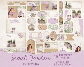 Secret Garden -  Junk Journal Ephemera | Printable Journal Paper Digital Download JPG PDF - Scrapbook Vintage Extra Lilac Floral Spring