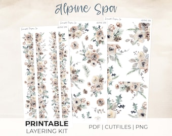 Alpine Spa Floral Kit Add-On - Printable Stickers Decorative Sticker Planner Journaling Kit, Silhouette Cut Files Cricut, Winter Snow Spa