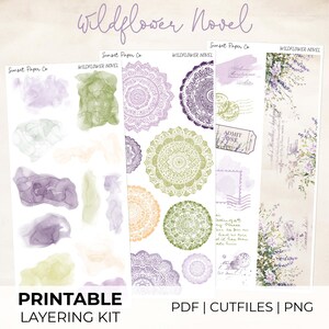 May include: A collection of printable layering kit designs featuring watercolor washes, mandala patterns, and vintage ephemera. The color palette includes shades of purple, green, and peach. The text on the image reads "Wildflower Novel" and "Printable Layering Kit".