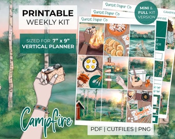 Campfire Printable Planner Stickers - Weekly Planner Kit Erin Condren Stickers Vertical Sticker Kit - Silhouette Cut Files Cricut PNG Summer