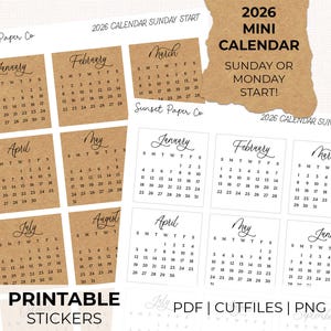 Può includere: Fogli di adesivi stampabili con mini calendari 2026. I calendari sono in formato quadrato con sfondo in carta kraft e testo nero. Il testo include i mesi, i giorni e il testo "2026 Mini Calendario Inizio Domenica o Lunedì!"