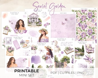 Secret Garden Printable Stickers - Mini Sticker Set, Planner Journaling Kit, Scrapbooking, Silhouette Cut Files Cricut PNG, Summer Florals
