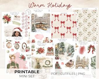May include: A collection of printable mini sets with a warm holiday theme. The designs include illustrations of Christmas decorations, winter scenes, and festive elements. The text "Warm Holidays" and "Printable Mini Set" are visible.