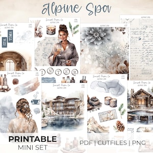 May include: A collection of watercolor illustrations with the text "Alpine Spa" and "Printable Mini Set". The images include spa-themed elements like a woman in a robe, candles, and a cabin, with the words "PDF | CUTFILES | PNG".