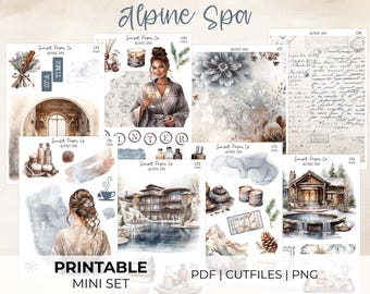 Alpine Spa Printable Stickers - Mini Sticker Set, Deco Decorative Kit, Planner Journaling Silhouette Cut Files Cricut PNG, Winter Snow Relax