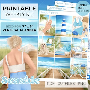 Seaside Printable Planner Stickers - Weekly Planner Kit Erin Condren Stickers, Vertical Sticker Kit - Silhouette Cut Files Cricut PNG Summer