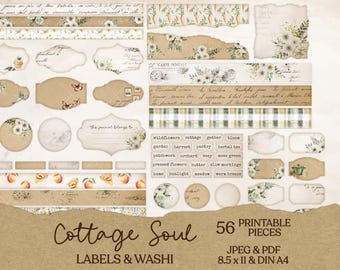 Cottage Soul -  Junk Journal Labels & Washi | Printable Journal Paper Digital Download JPG PDF - Scrapbook Vintage Extra Cottagecore Spring