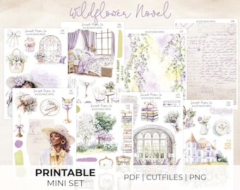 Wildflower Novel Printable Stickers - Mini Sticker Set, Deco Decorative Kit, Planner Journaling Silhouette Cut Files Cricut PNG, Spring Book