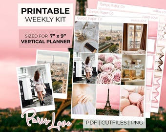 Paris Love Printable Photo Planner Stickers - Vertical Weekly Sticker Planner Kit, Erin Condren, Silhouette Cut Files, Cricut PNG, Valentine