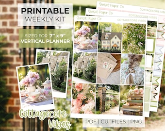 Cottagecore druckbare Foto-Sticker - Vertikaler wöchentlicher Aufkleber, Planer Kit, Erin Condren, Silhouette Cut Files, Cricut PNG - Frühling