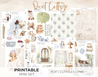 Quiet Cottage Printable Stickers - Mini Sticker Set, Deco Decorative Kit, Planner Journaling Silhouette Cut Files Cricut, Spring Cottagecore