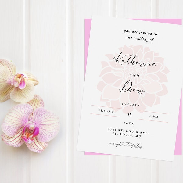 Dahlia Wedding Invitation, Canva digital editable template