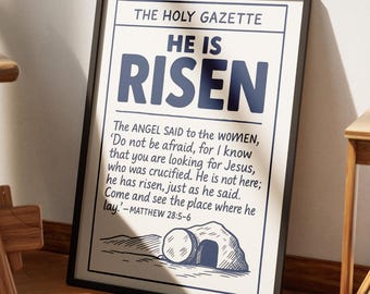 He is Risen, He is Not Here He Has Risen, Matthew 28:6, Printable, Easter Bible Verse Wall Art, Christian Print, News Paper Art