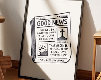 The Good News Art Print, Scripture, Aesthetic Christian Wall Art, John 3:16, Modern Bible Verse Wall Art, Biblical Scripture Poster