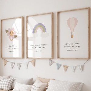 Set of 3 Girls Room Art, Bible Verses, Christian, Nursery, Posters, Vintage Scripture Print, Sunday School Classroom, Boho Art, Scripture