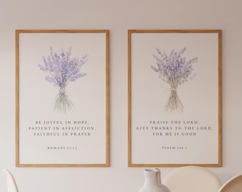 Set of 2 Christian Floral, Bible Verse Wall Art, Botanical Scripture Print, Romans 12, Psalm 106, Religious Home Decor, Minimal Farmhouse