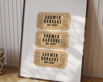 Shower Karaoke Ticket Print Pink Bathroom Retro Cream Aesthetic Shower Singing Funny Wall Art Vintage Trendy Home Decor Physical Print