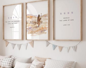 Set of 3 The Lord Is My Shepherd Nursery Christian Print, Bible Verse, Wall Art Neutral Decor, Jesus, Sheep, Lamb of God, Children Printable