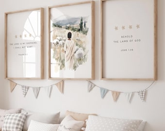 Set of 3 The Lord Is My Shepherd Nursery Christian Print, Bible Verse, Wall Art Neutral Decor, Jesus, Sheep, Lamb of God, Children Printable