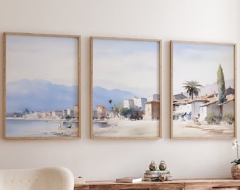 Mediterranean Seascape Print Set, Coastal Tryptic Wall Art (Digital Download)