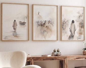 Set van 3 Jezus kunstafdrukken, Jezus loopt op het water, kruis kruisiging, Jezus print, Jezus bohokunst, Jezus kunst aan de muur, Jezus kunst, Jezus portret