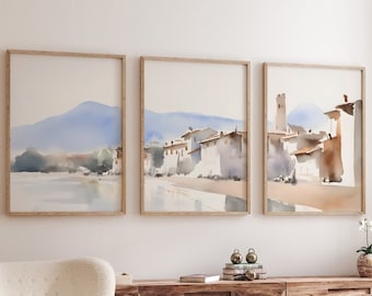 Mediterranean Seascape Print Set, Coastal Triptych Wall Art (Digital Download)